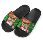 Hawaiian Tiki Print Black Slide Sandals