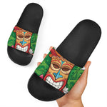 Hawaiian Tiki Print Black Slide Sandals