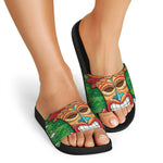 Hawaiian Tiki Print Black Slide Sandals