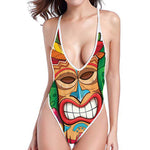 Hawaiian Tiki Print High Cut One Piece Swimsuit