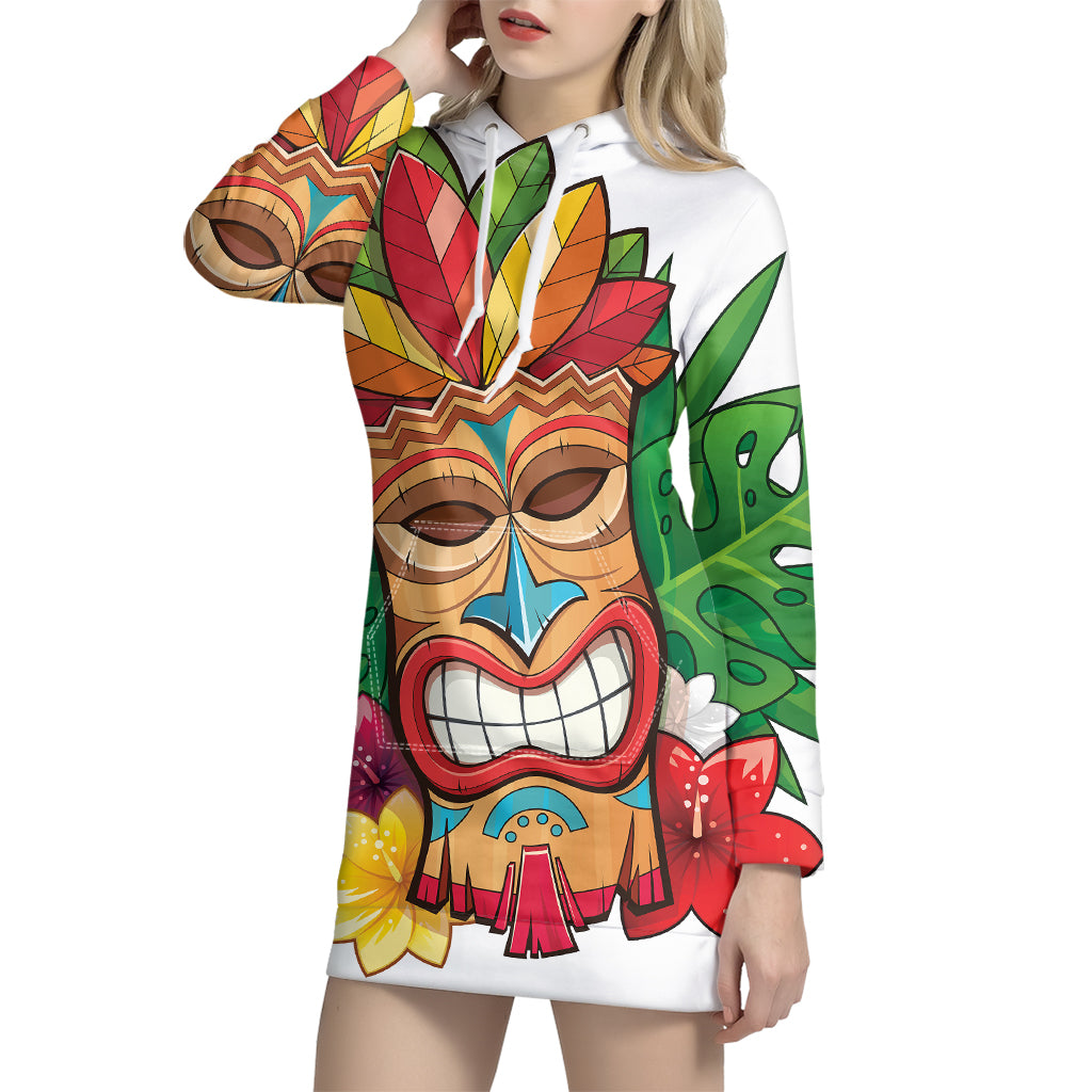 Hawaiian Tiki Print Pullover Hoodie Dress