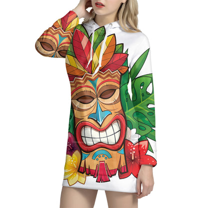 Hawaiian Tiki Print Pullover Hoodie Dress