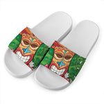 Hawaiian Tiki Print White Slide Sandals