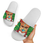 Hawaiian Tiki Print White Slide Sandals