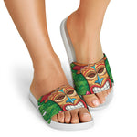 Hawaiian Tiki Print White Slide Sandals