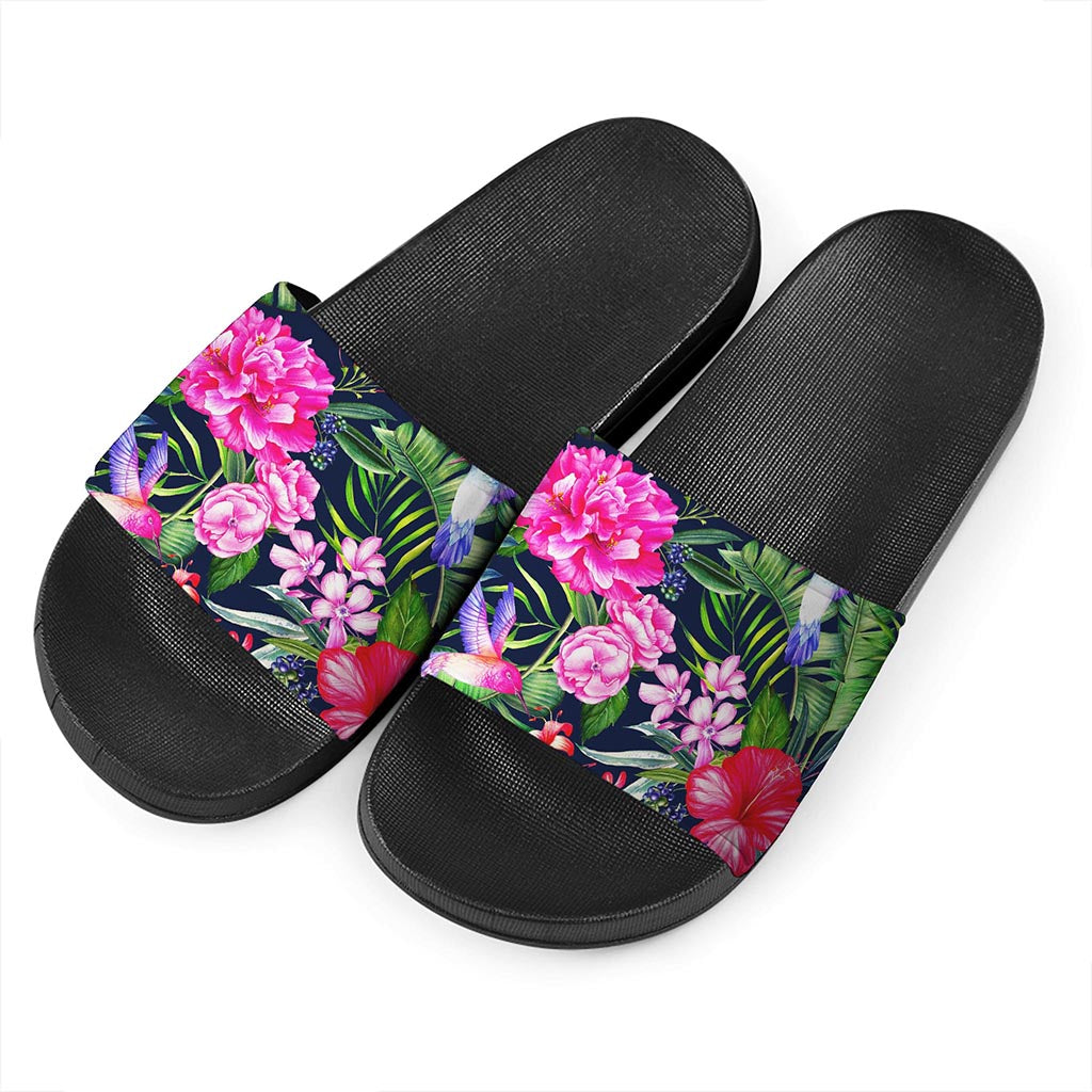 Hawaiian Tropical Birds Pattern Print Black Slide Sandals