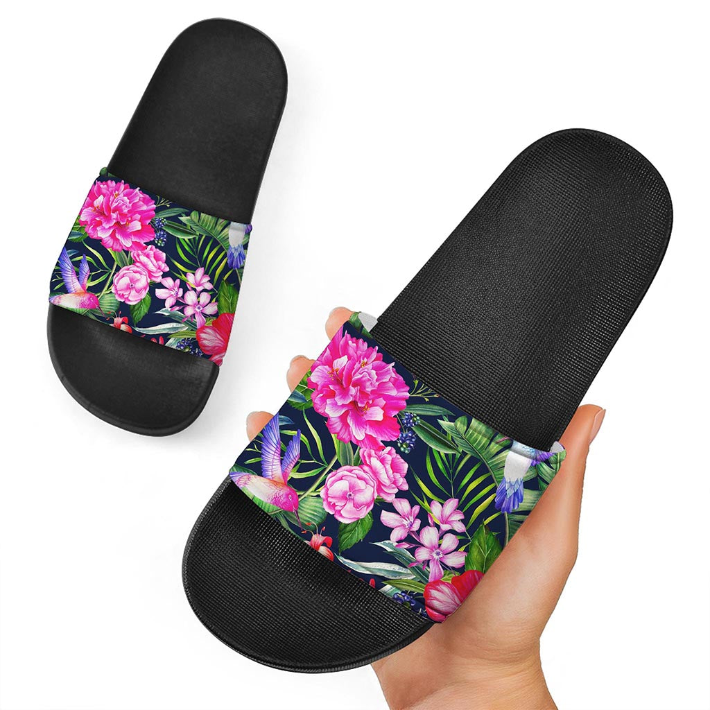 Hawaiian Tropical Birds Pattern Print Black Slide Sandals