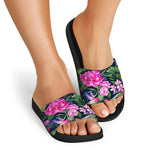 Hawaiian Tropical Birds Pattern Print Black Slide Sandals