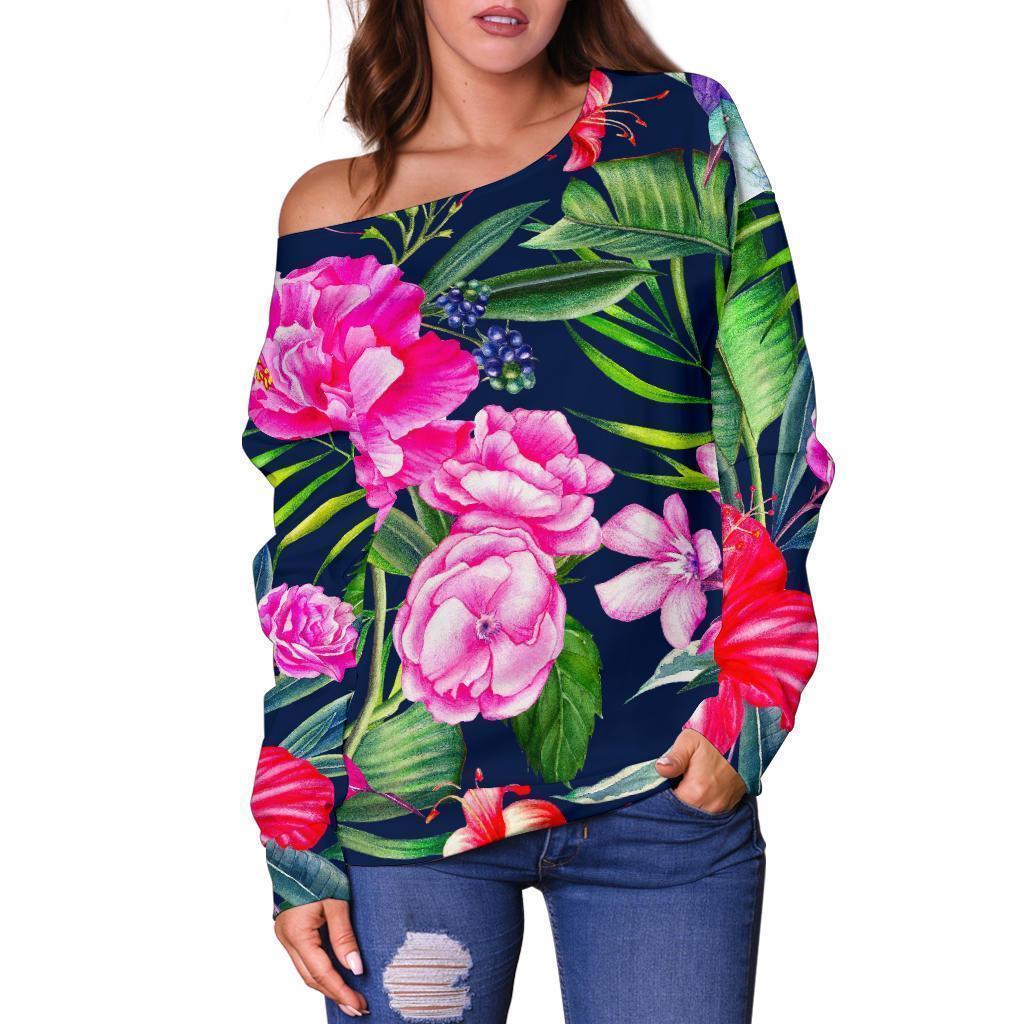 Hawaiian Tropical Birds Pattern Print Off Shoulder Sweatshirt GearFrost