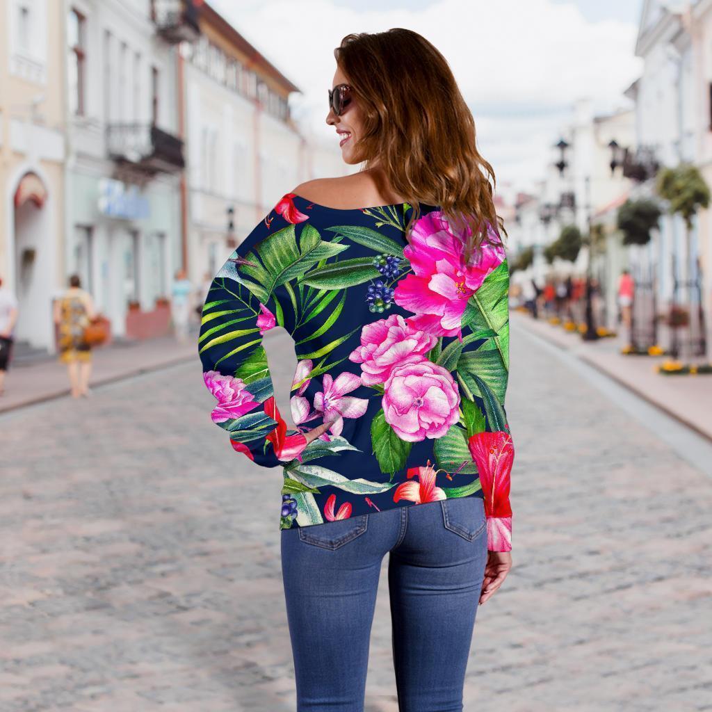 Hawaiian Tropical Birds Pattern Print Off Shoulder Sweatshirt GearFrost