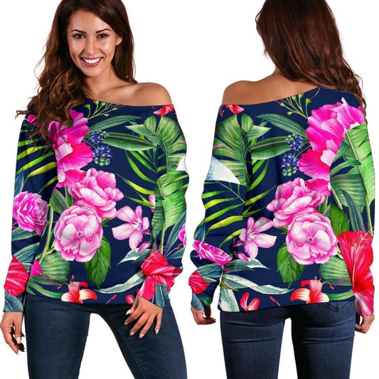 Hawaiian Tropical Birds Pattern Print Off Shoulder Sweatshirt GearFrost