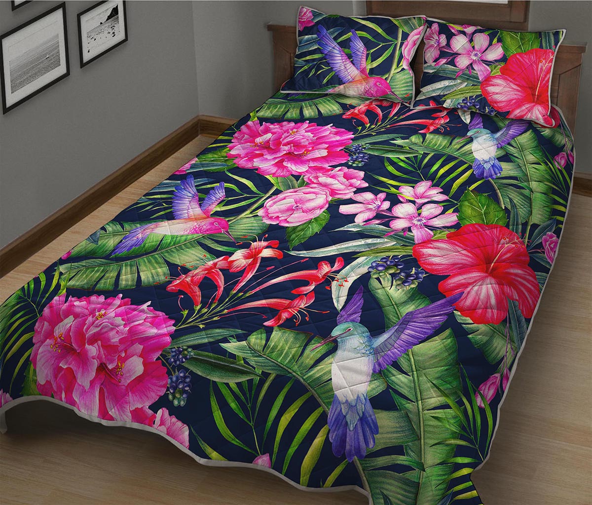 Hawaiian Tropical Birds Pattern Print Quilt Bed Set