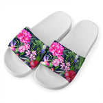 Hawaiian Tropical Birds Pattern Print White Slide Sandals