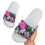 Hawaiian Tropical Birds Pattern Print White Slide Sandals