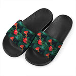 Hawaiian Tropical Flowers Pattern Print Black Slide Sandals