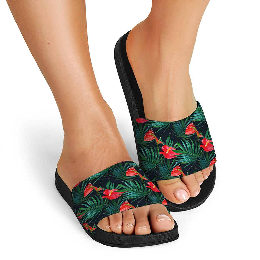 Hawaiian Tropical Flowers Pattern Print Black Slide Sandals
