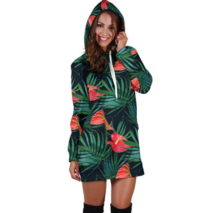 Hawaiian Tropical Flowers Pattern Print Hoodie Dress GearFrost