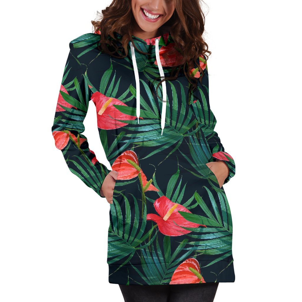 Hawaiian Tropical Flowers Pattern Print Hoodie Dress GearFrost