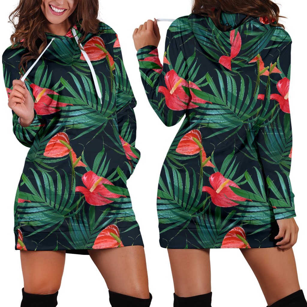 Hawaiian Tropical Flowers Pattern Print Hoodie Dress GearFrost