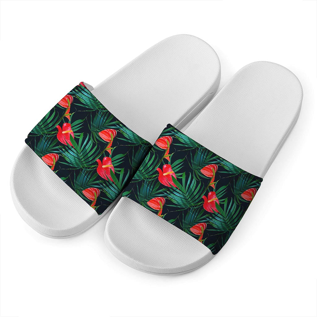 Hawaiian Tropical Flowers Pattern Print White Slide Sandals