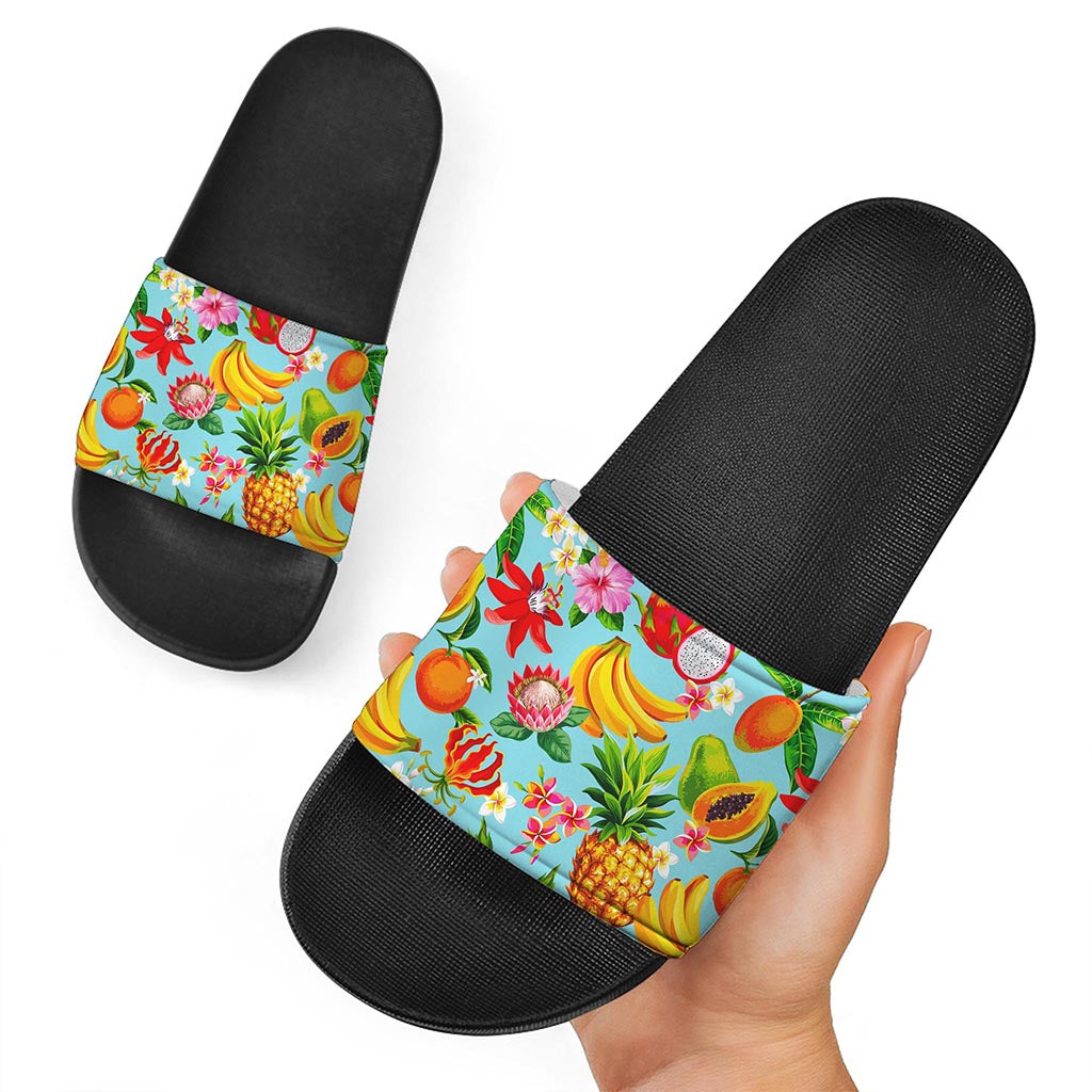 Hawaiian Tropical Fruits Pattern Print Black Slide Sandals