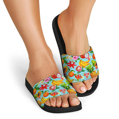 Hawaiian Tropical Fruits Pattern Print Black Slide Sandals