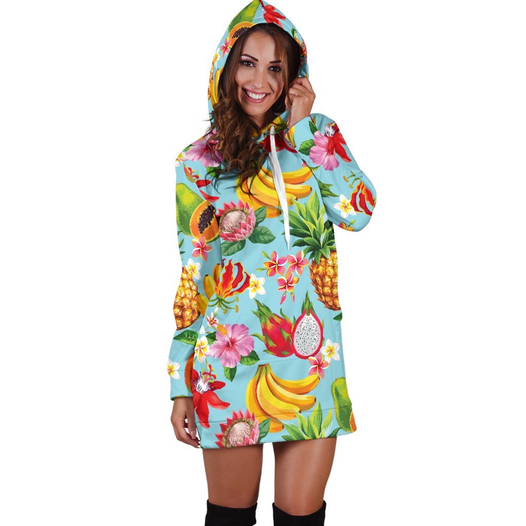 Hawaiian Tropical Fruits Pattern Print Hoodie Dress GearFrost