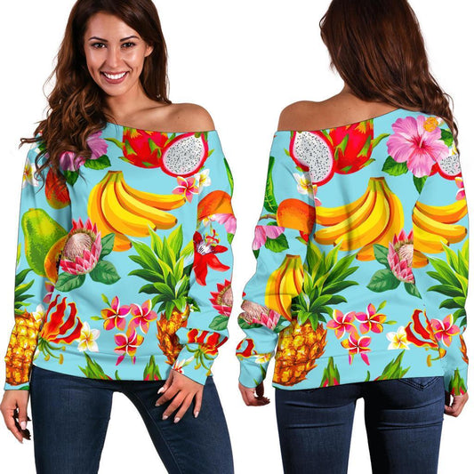 Hawaiian Tropical Fruits Pattern Print Off Shoulder Sweatshirt GearFrost