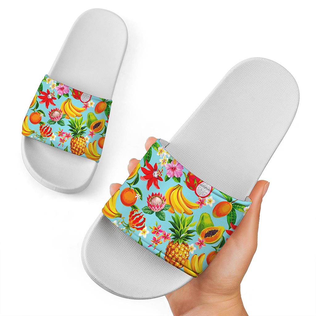 Hawaiian Tropical Fruits Pattern Print White Slide Sandals