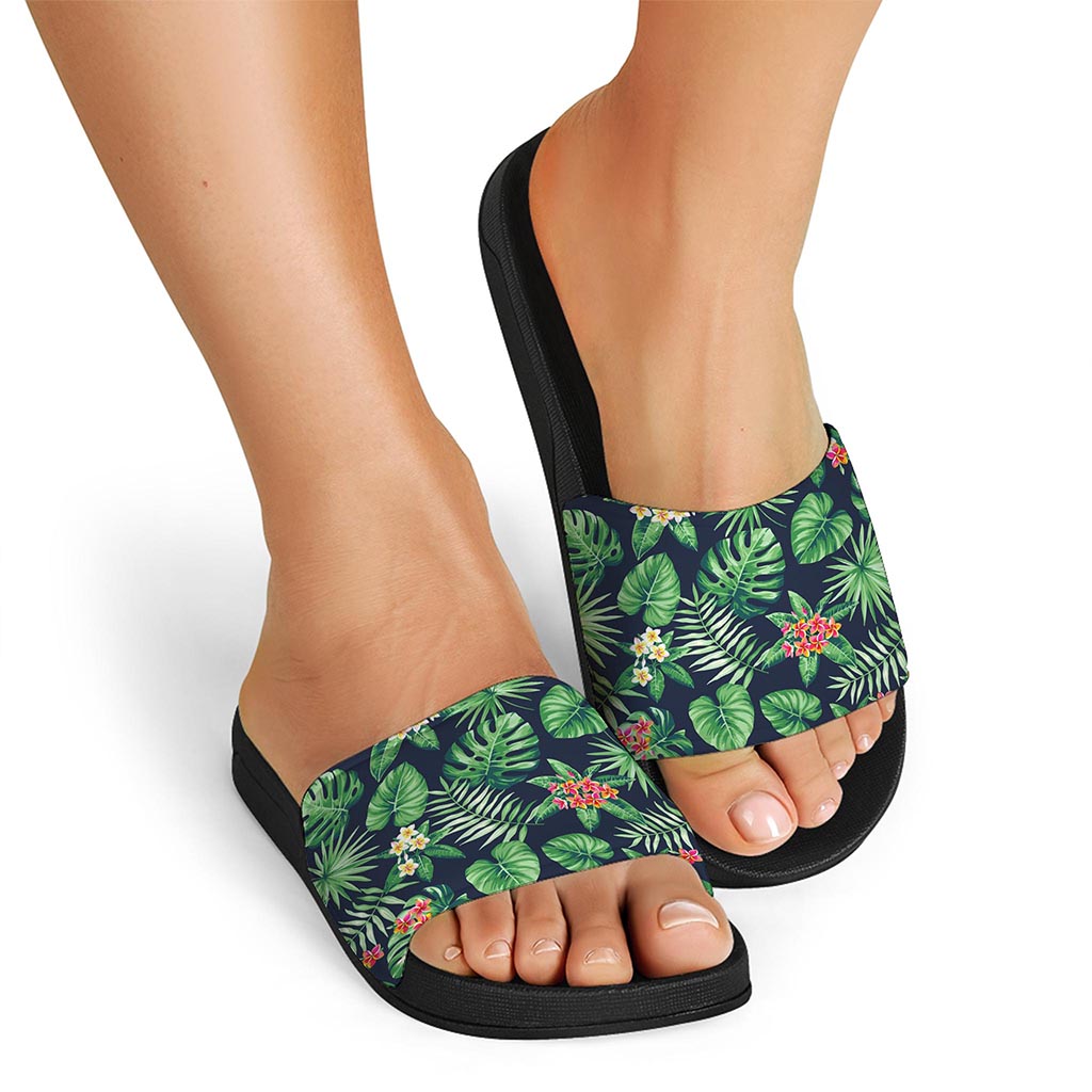 Hawaiian Tropical Leaves Pattern Print Black Slide Sandals