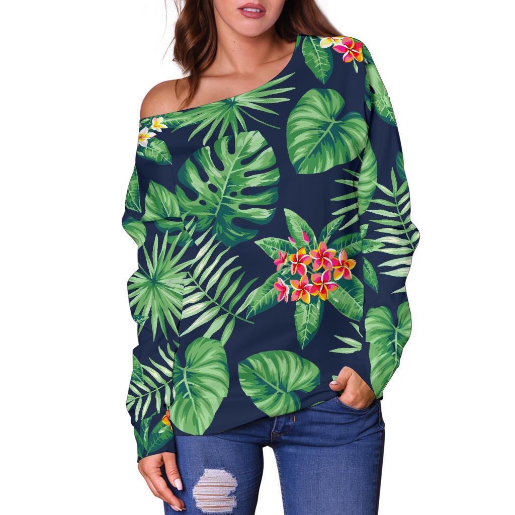 Hawaiian Tropical Leaves Pattern Print Off Shoulder Sweatshirt GearFrost