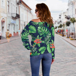 Hawaiian Tropical Leaves Pattern Print Off Shoulder Sweatshirt GearFrost