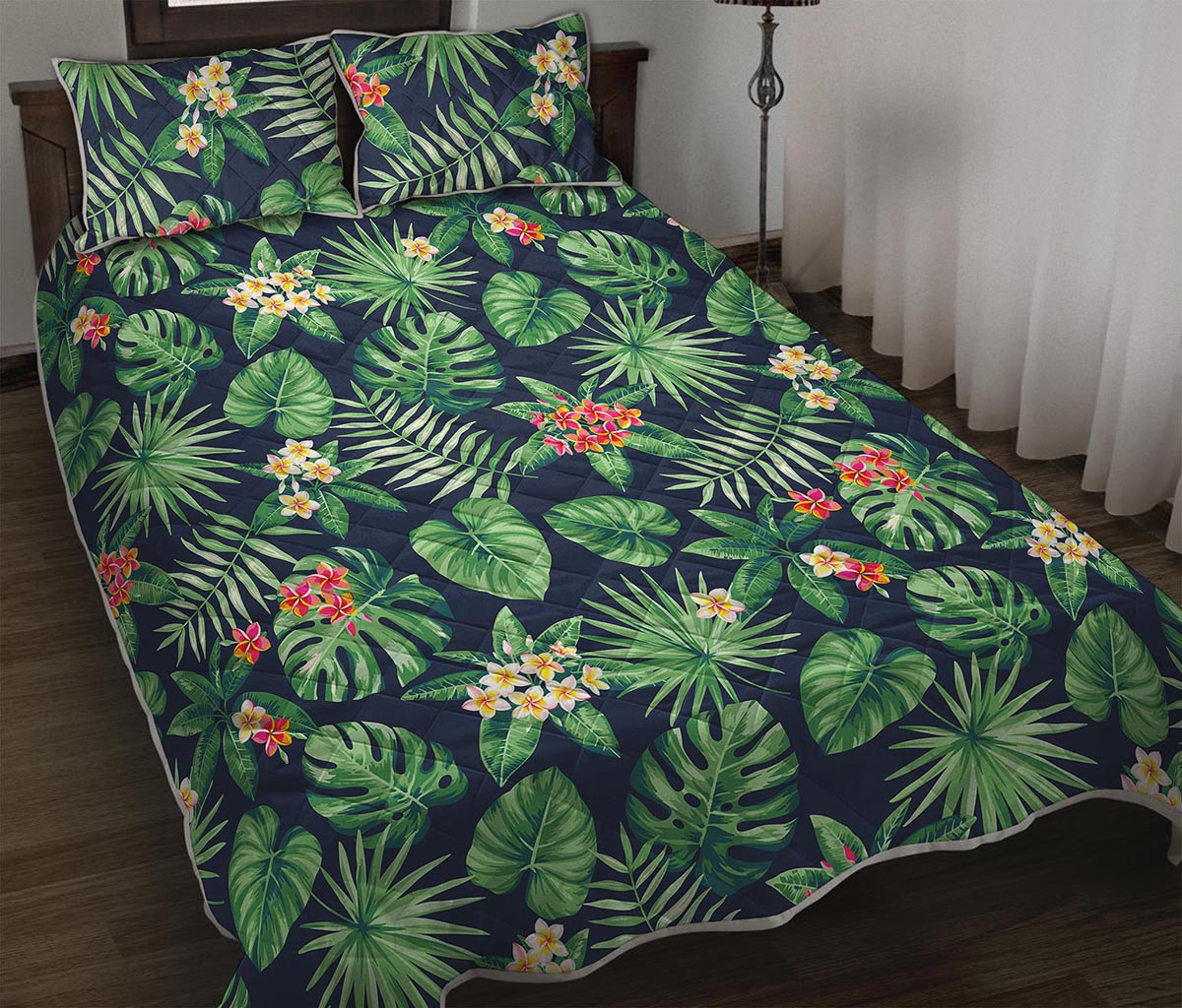 Hawaiian Tropical Leaves Pattern Print Quilt Bed Set