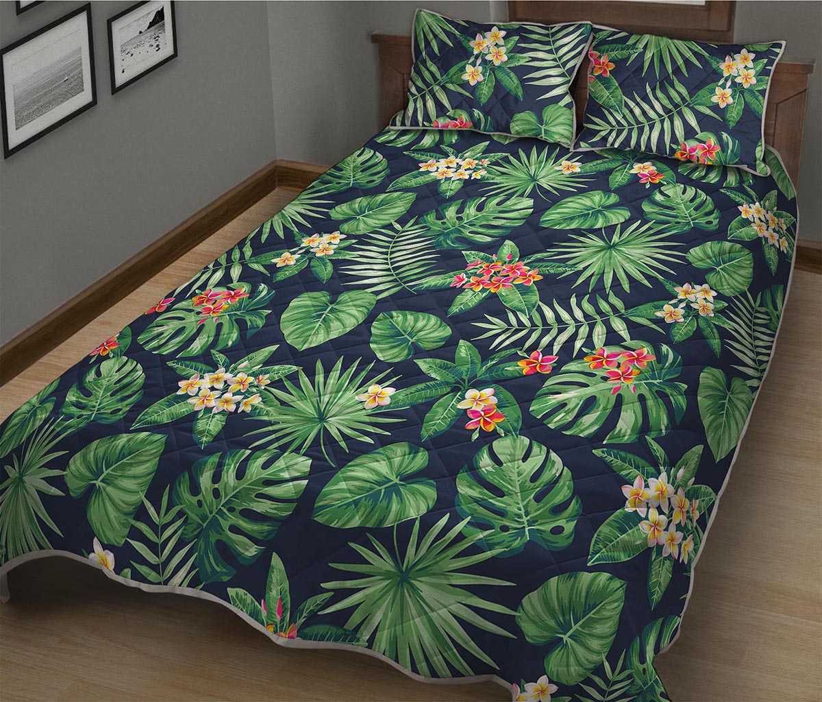 Hawaiian Tropical Leaves Pattern Print Quilt Bed Set