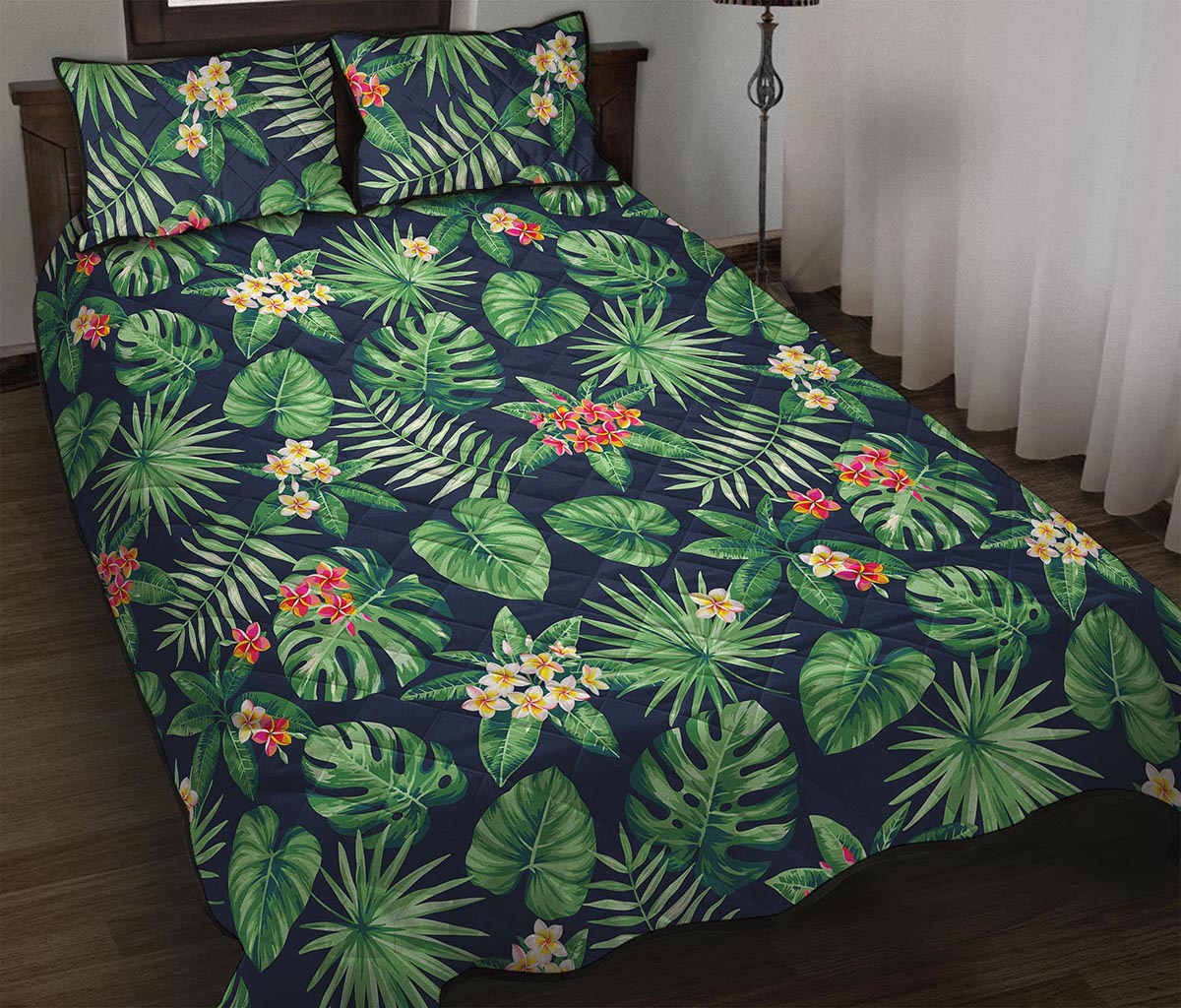 Hawaiian Tropical Leaves Pattern Print Quilt Bed Set