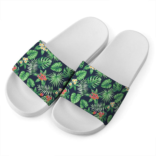 Hawaiian Tropical Leaves Pattern Print White Slide Sandals