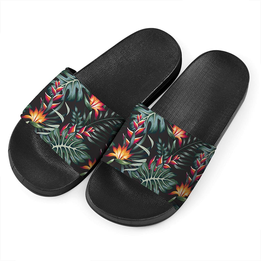 Hawaiian Tropical Plants Pattern Print Black Slide Sandals