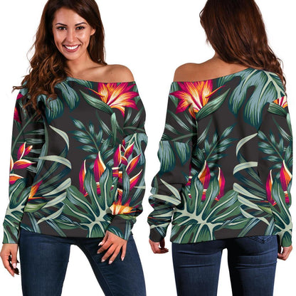 Hawaiian Tropical Plants Pattern Print Off Shoulder Sweatshirt GearFrost