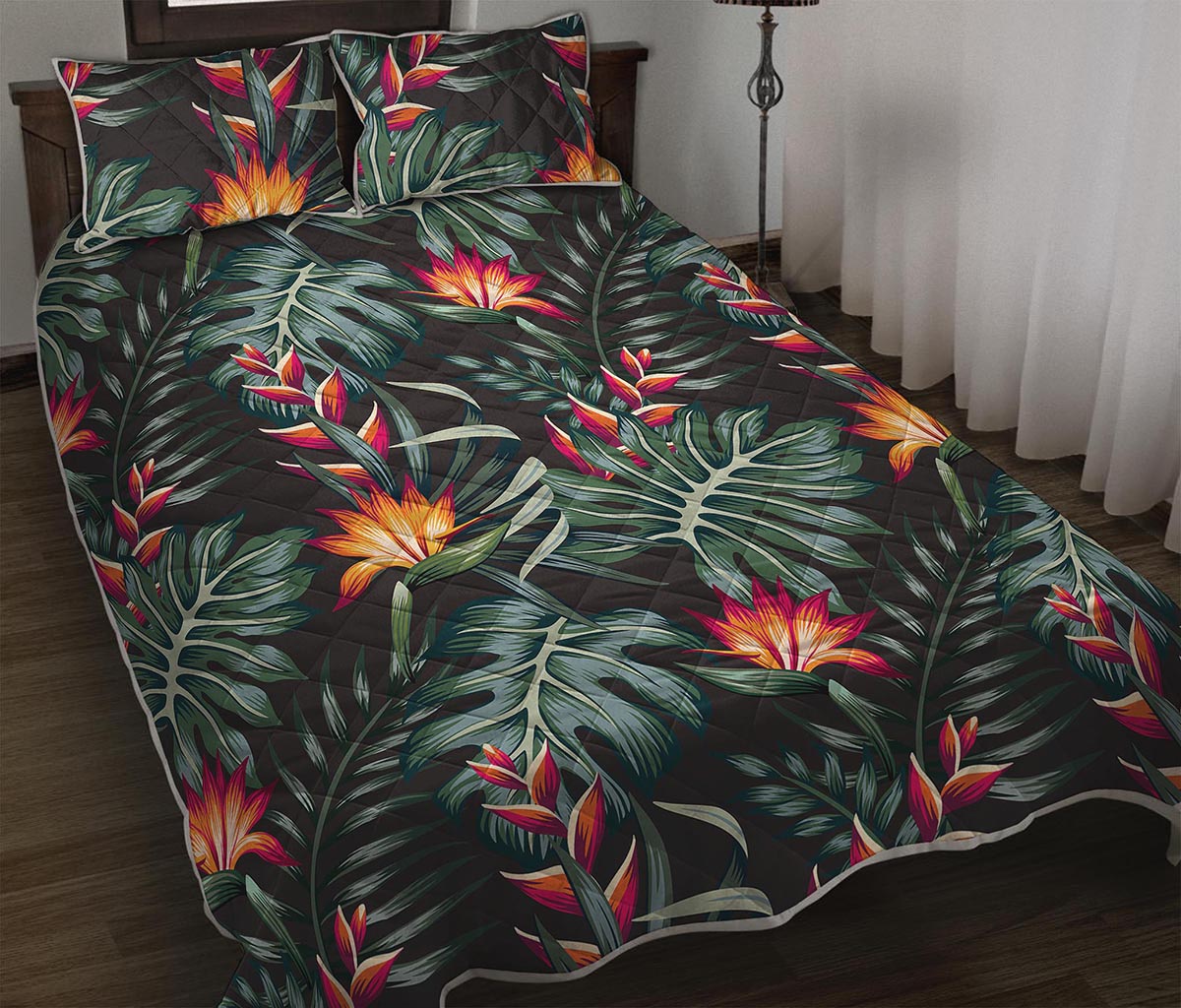 Hawaiian Tropical Plants Pattern Print Quilt Bed Set