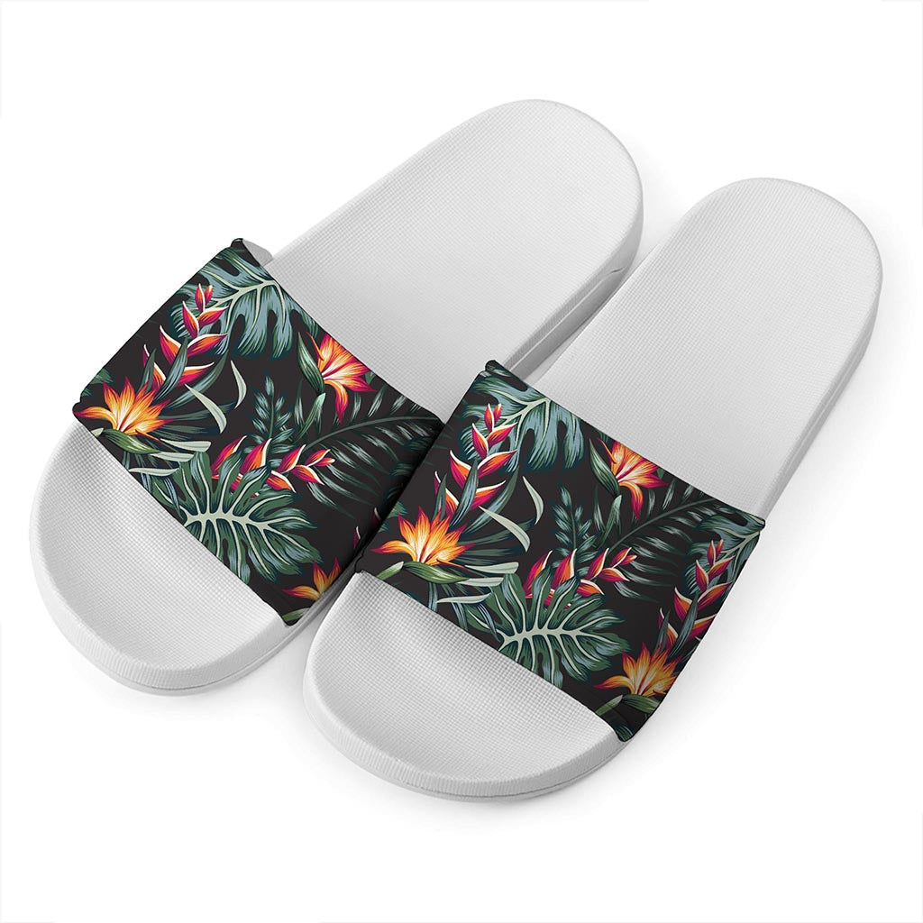 Hawaiian Tropical Plants Pattern Print White Slide Sandals