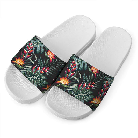 Hawaiian Tropical Plants Pattern Print White Slide Sandals