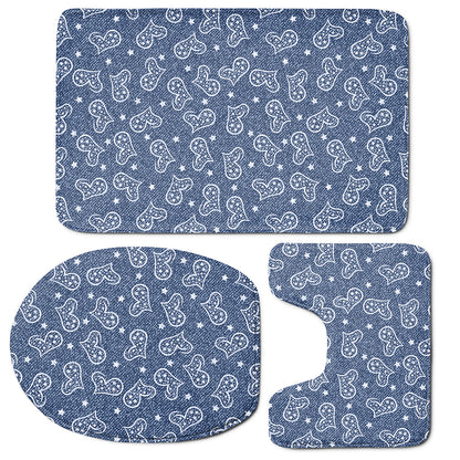 Heart And Star Denim Jeans Pattern Print 3 Piece Bath Mat Set