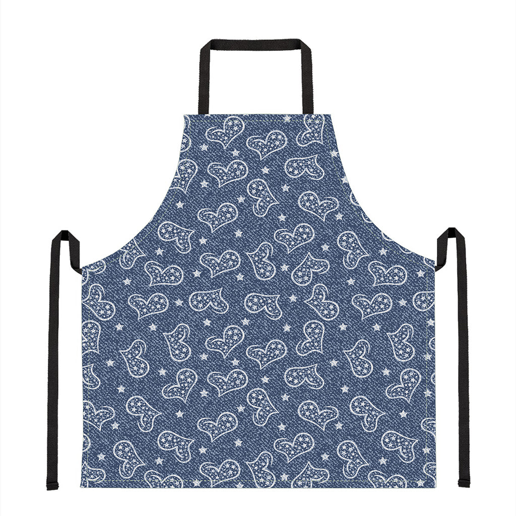 Heart And Star Denim Jeans Pattern Print Apron