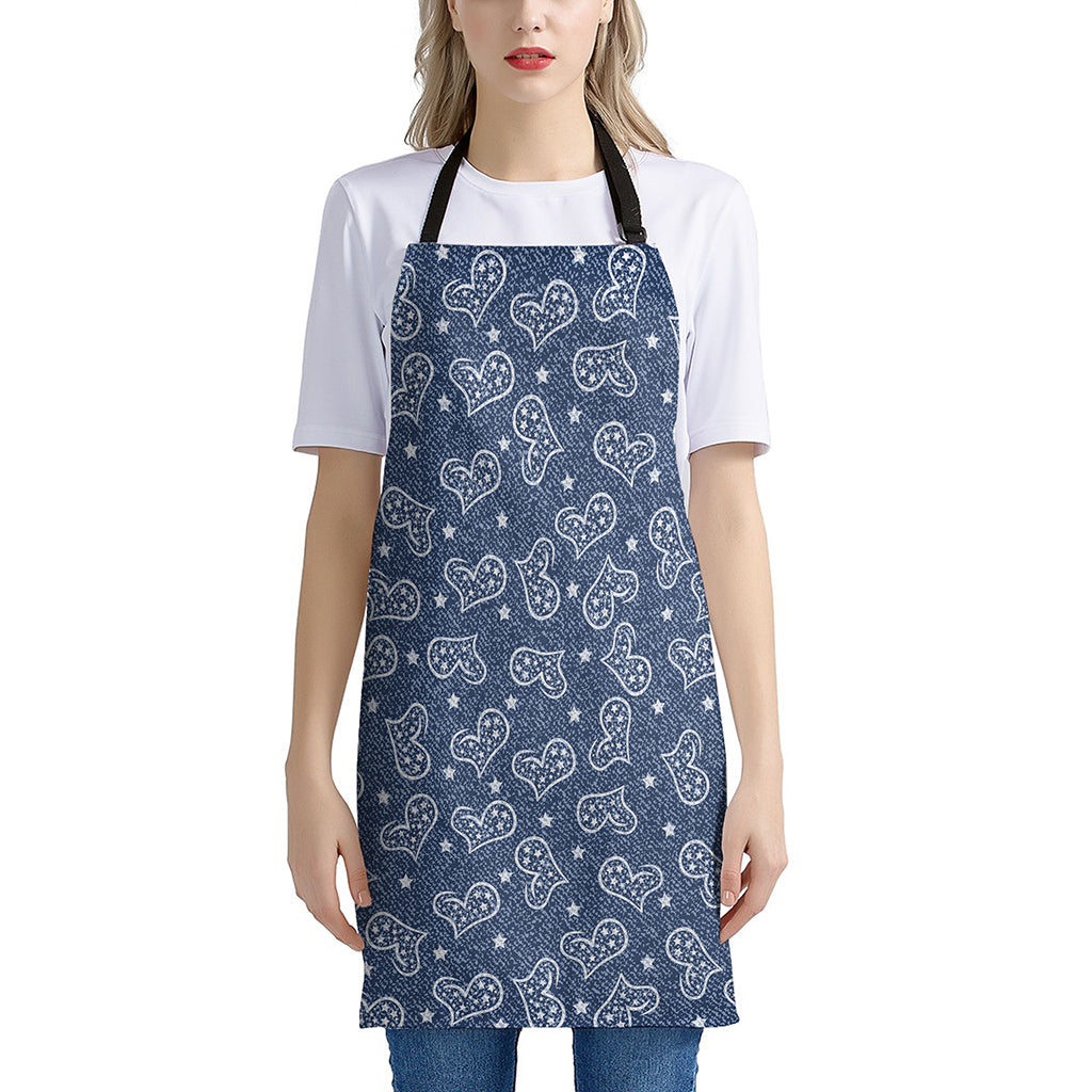 Heart And Star Denim Jeans Pattern Print Apron