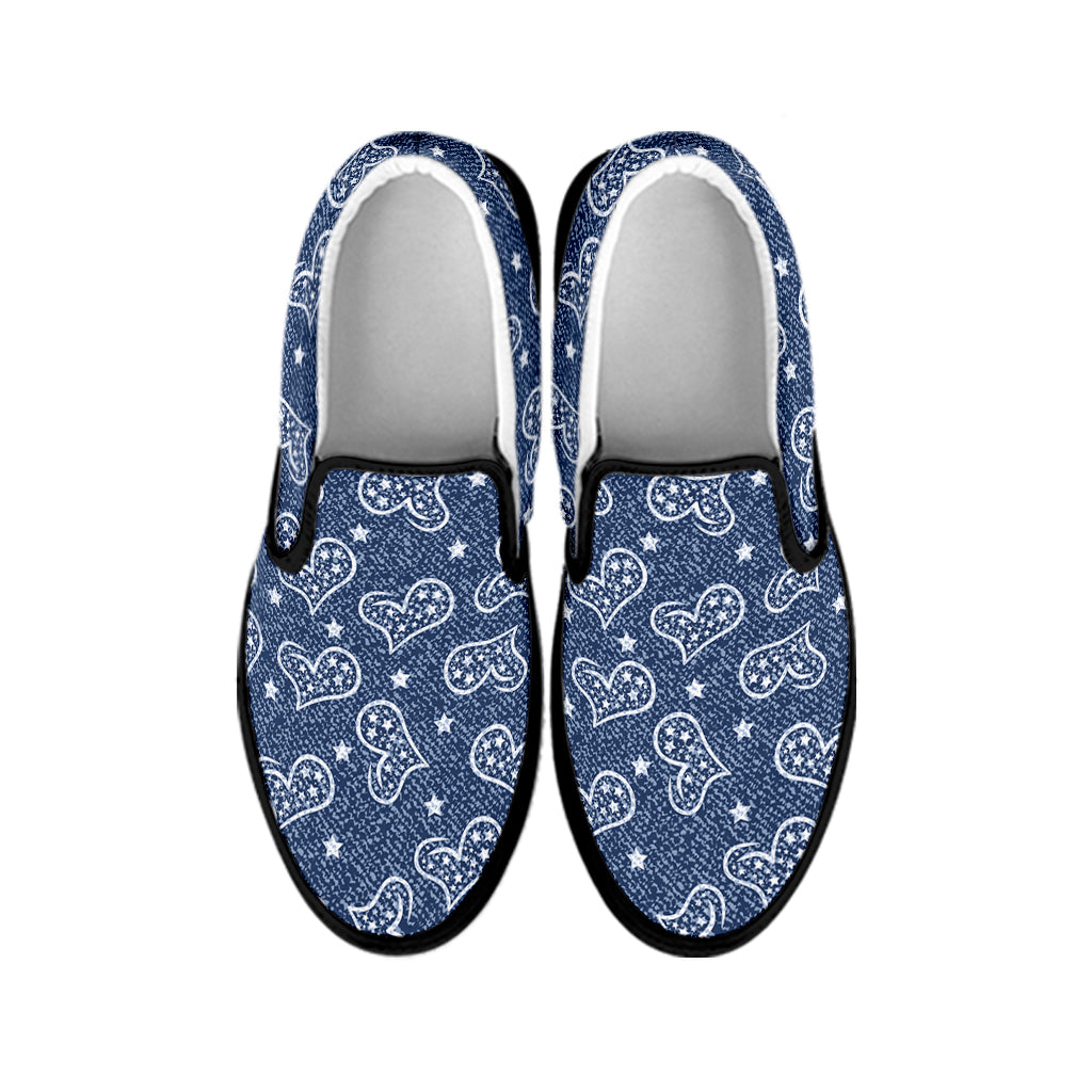 Heart And Star Denim Jeans Pattern Print Black Slip On Shoes