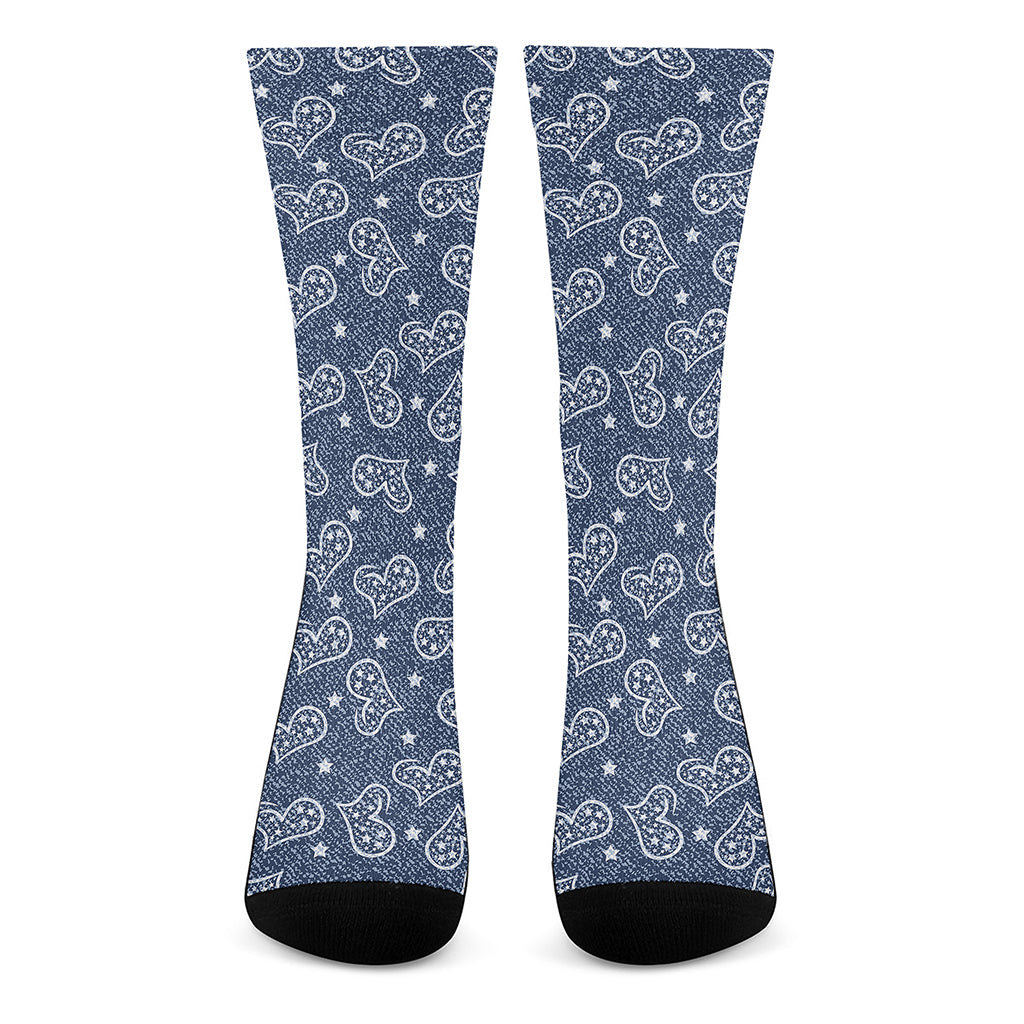 Heart And Star Denim Jeans Pattern Print Crew Socks