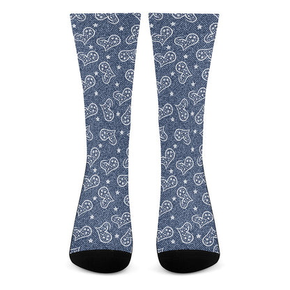 Heart And Star Denim Jeans Pattern Print Crew Socks