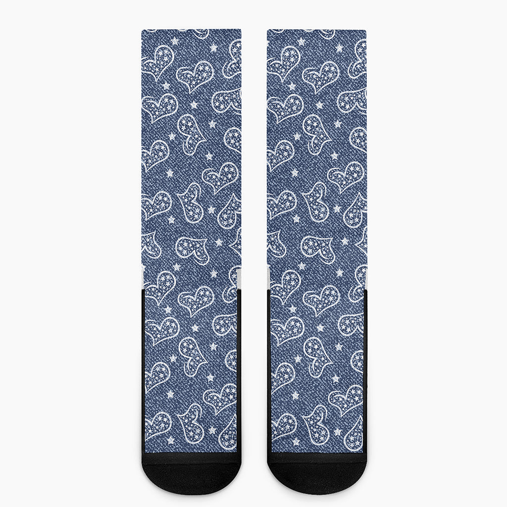 Heart And Star Denim Jeans Pattern Print Crew Socks