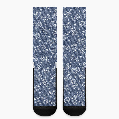 Heart And Star Denim Jeans Pattern Print Crew Socks