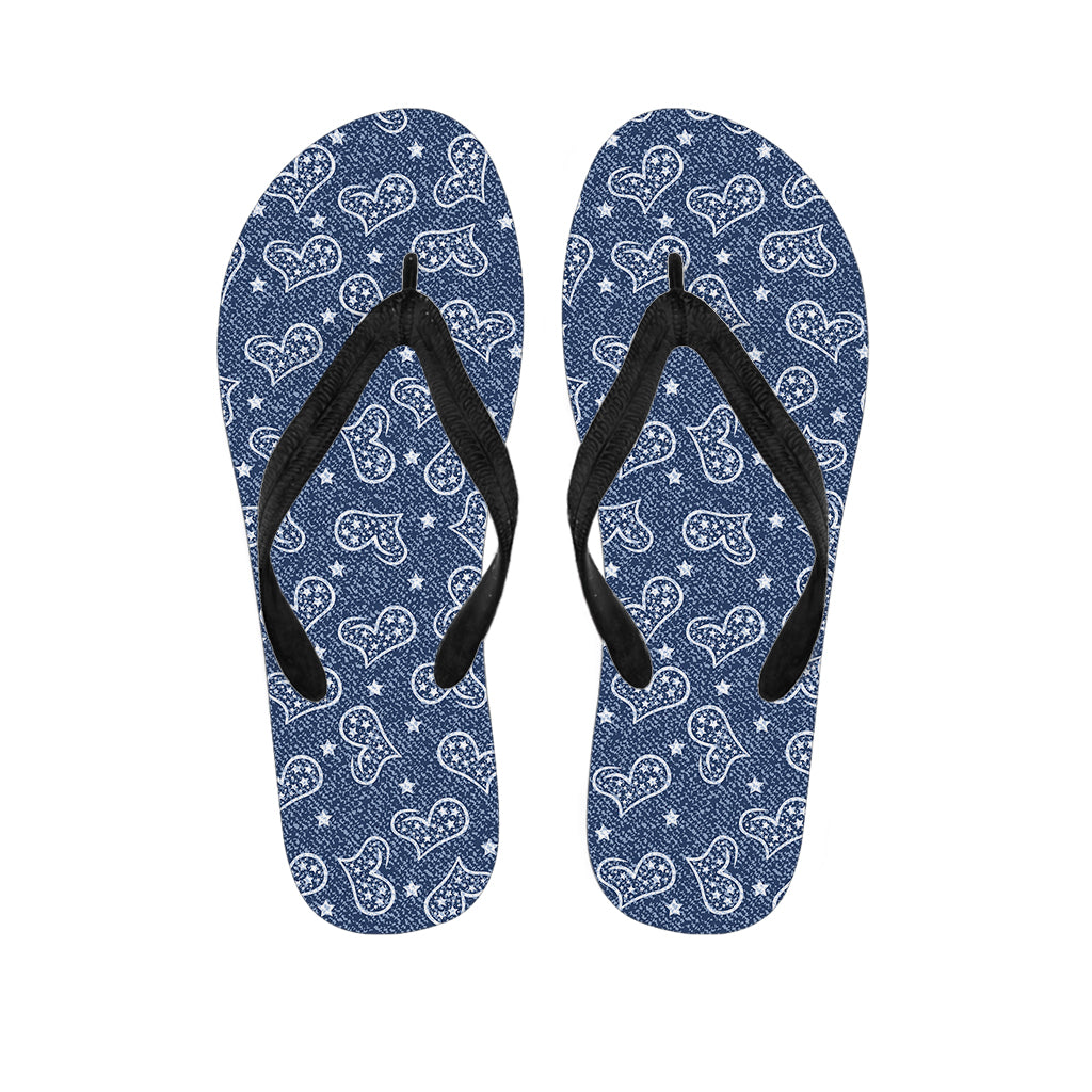 Heart And Star Denim Jeans Pattern Print Flip Flops